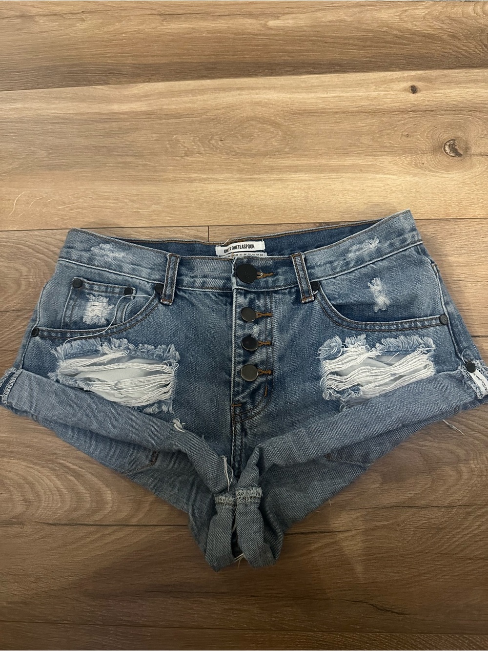 One Teaspoon Distressed Button-Front Denim Shorts in Blue